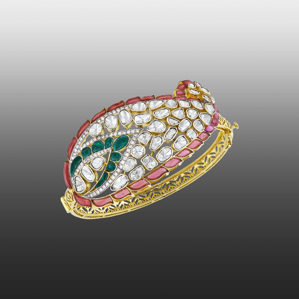 Bud-Inspired Polki Bangle with Green and Red Talafs